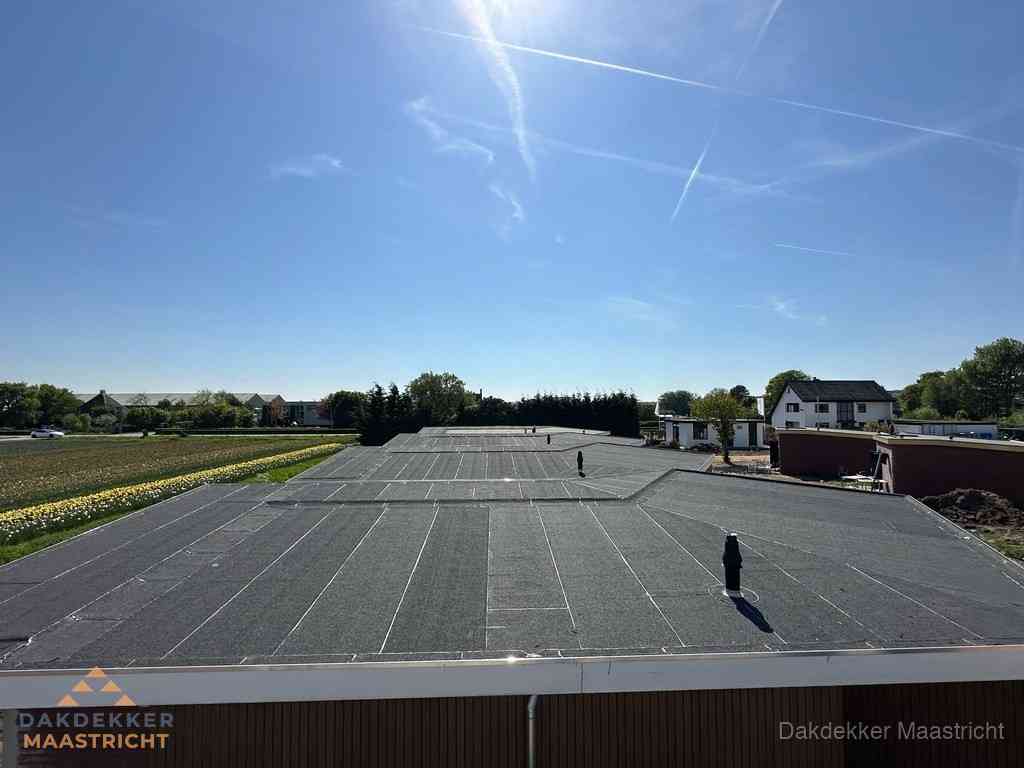 Groot plat dak met bitumen dakbedekking op bedrijfspand in Maastricht